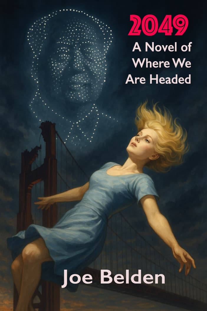 2049: A Novel of Where We Are Headed by Joe Belden — Book cover showing a woman falling near the Golden Gate Bridge with a digital face looming above